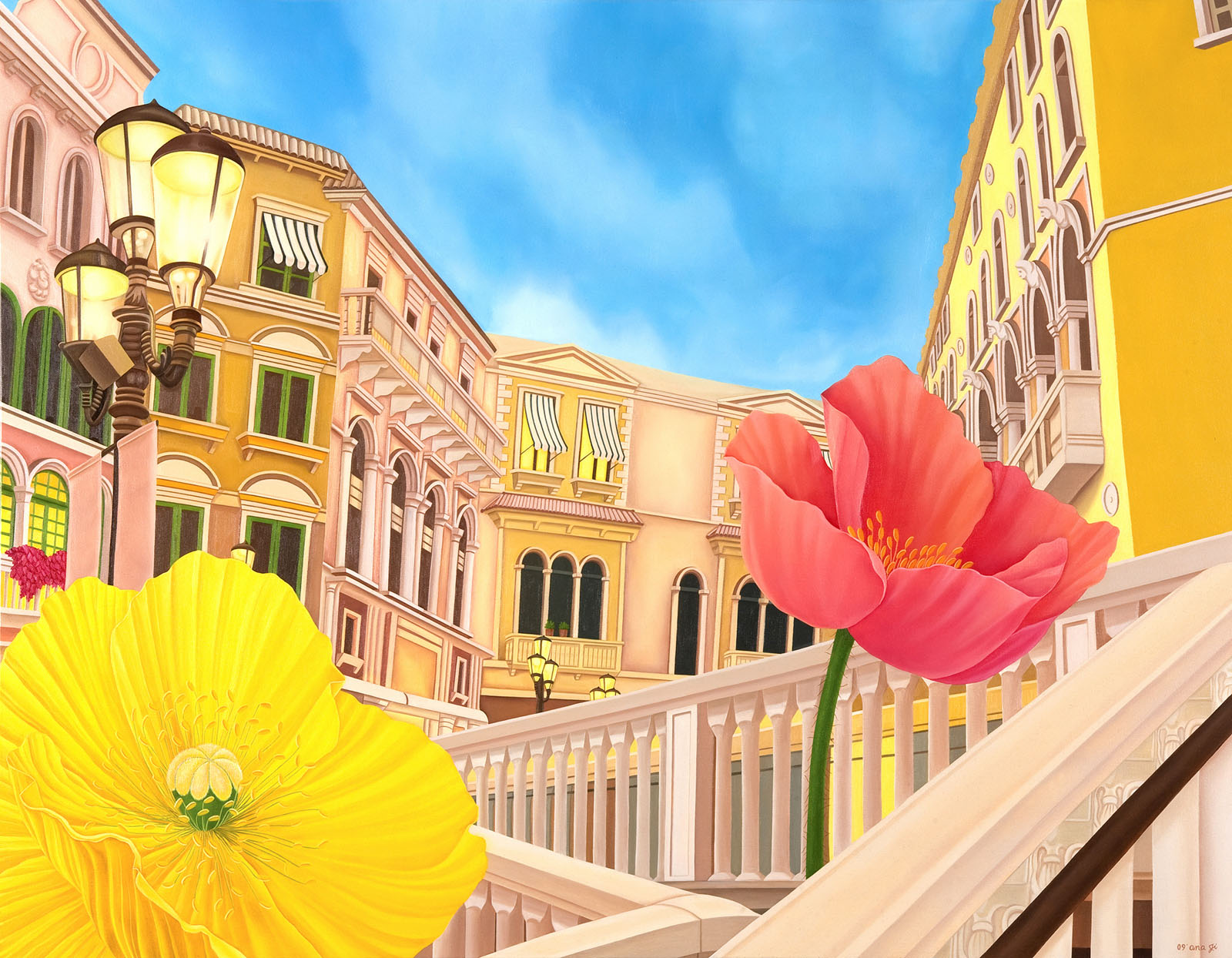 베네치안에 핀 노랑, 빨강 양귀비